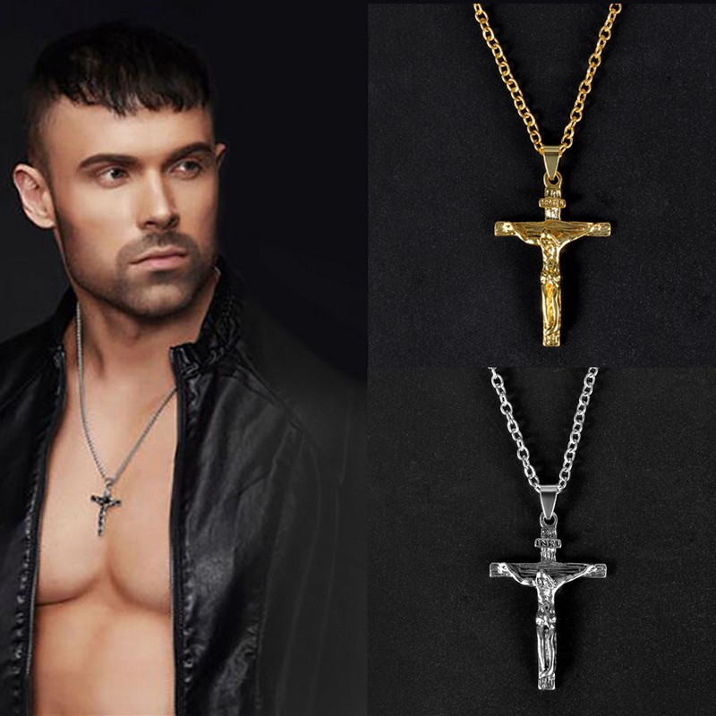 สร้อยคอ พร้อมจี้ ไม้กางเขน Christian Pendant Necklace Men Fashion Jewelry Crucifix Jesus Cross Pendant Long Chain