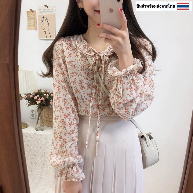 (พร้อมส่งจากไทย) เสื้อชีฟองลายดอกไม้ใส่สบาย [B15]