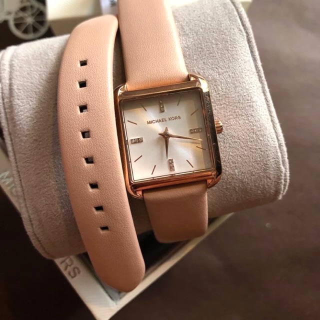 (ผ่อน0%) นาฬิกา New Michael Kors Women's Drew Rose Gold Tone Pink Strap Watch MK2826  สายหนัง สีชมพู