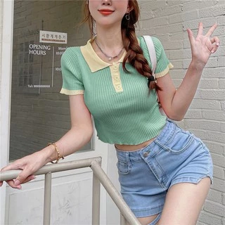 Cicishop(39087)เสื้อครอปแขนสั้นคอปกผ้าไหมพรม มีดีเทลกระดุม สีหวานโทนพาสเทล