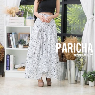 ✨NEW✨ กระโปรง ยาว พื้นขาว พิมพ์ลาย ดอกกล้วยไม้ สีดำ งานป้าย Paricha Size S