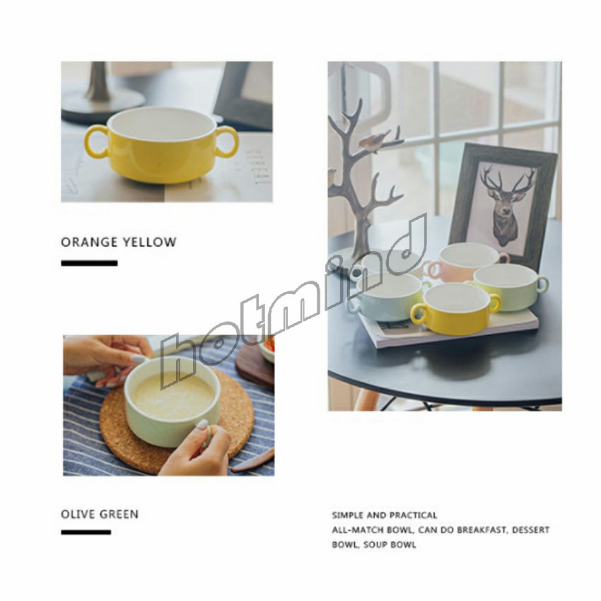 HD ถ้วยซุป เซรามิกส์ ชามซุป ถ้วยโจ๊ค มีหูจับทั้งสองด้านสีสันสะดุดตา Soup cup