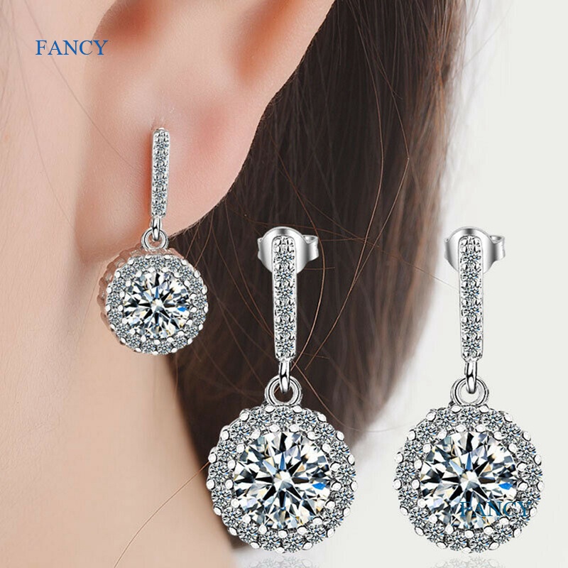 Fancy ต่างหูระย้า ประดับเพทาย ทรงกลม สีเงิน แวววาว สไตล์คลาสสิก เครื่องประดับ สําหรับผู้หญิง งานแต่งงาน