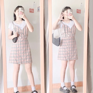 🎟เดรสสายเดี่ยวคอวีกระดุมหน้าลายสก๊อตและสีพื้น น่ารักสุดๆ