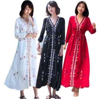 ชุดเดรสแฟชั่น เดรสยาว ผู้หญิงเดรสยาวสไตล์เกาหลี ชุดโบฮีเมี่ยนยาว ชุดเที่ยวทะเล