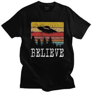 เสื้อยืดผ้าฝ้าย เสื้อยืดแขนสั้น ผ้าฝ้าย พิมพ์ลาย I Want To Believe UFO สไตล์วินเทจ แฟชั่นคลาสสิก สําหรับผู้ชาย