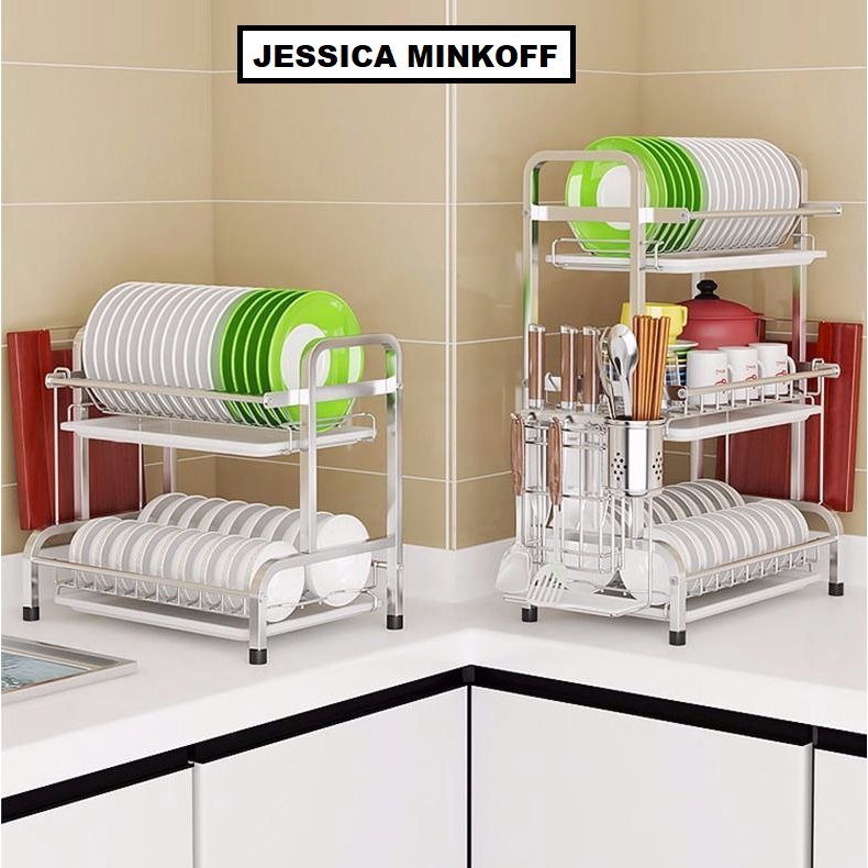Jessica Minkoff (D1031) 2/3 ชั้นชั้นวางจาน 304 สแตนเลสจาน Drainer Rack Kitchen Rack Storage Rack