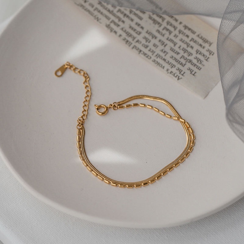Ins Fashion Double Layered Snake Chain Bracelet สร้อยข้อมือลูกปัดทองเหล็กไทเทเนียม/โซ่เท้า