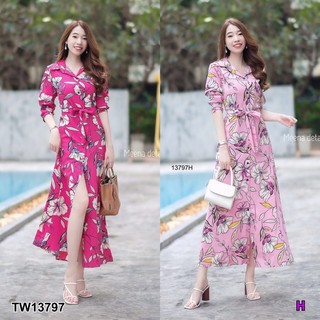 💓💗เดรสเที่ยว Maxi Dress เดรสเชิ้ตยาว แขนยาว ติดกระดุมหน้า มีโบว์ผูกเอว เนื้อผ้า 100D ผ้าพิมพ์ลายดอก