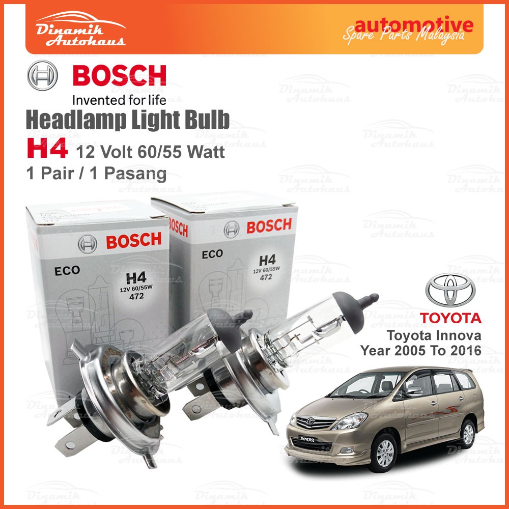 หลอดไฟหน้ารถยนต์ ฮาโลเจน สําหรับ Toyota Innova Year 2005 To 2016 MPV Bosch H4 P43t - 12V 60 55W (1 คู่)