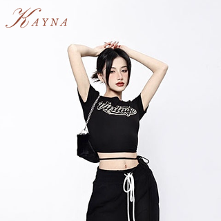 KAYNA สาวร้อนหวานสายพิมพ์สั้น-แขนเสื้อยืดผู้หญิงบางฤดูร้อน