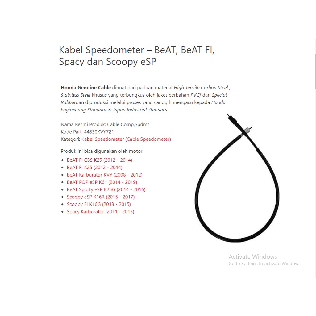 44830KVY721 สายวัดความเร็ว – BeAT, BeAT FI, Spacy และ Scoopy eSP