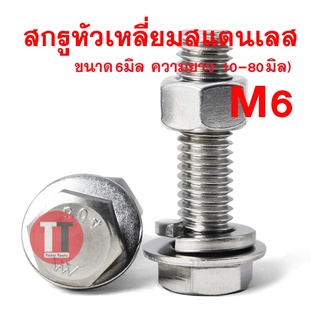 สกรูหัวเหลี่ยมสแตนเลส6มิล เกลียว1.0 ประแจเบอร์10 (ยาว10-100มิล)**สกรู,แหวนอีแปะ,แหวนสปริง,หัวน็อต**ขายเป็นชุด