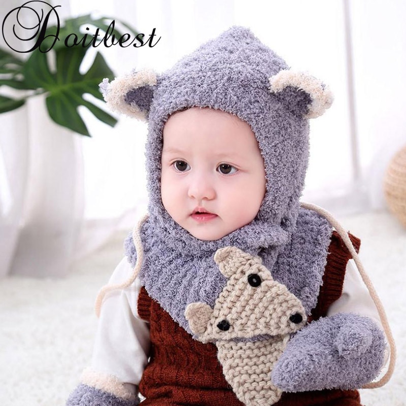 6 months to 3 Years old cartoon fox beanies hats sets wool kids soft