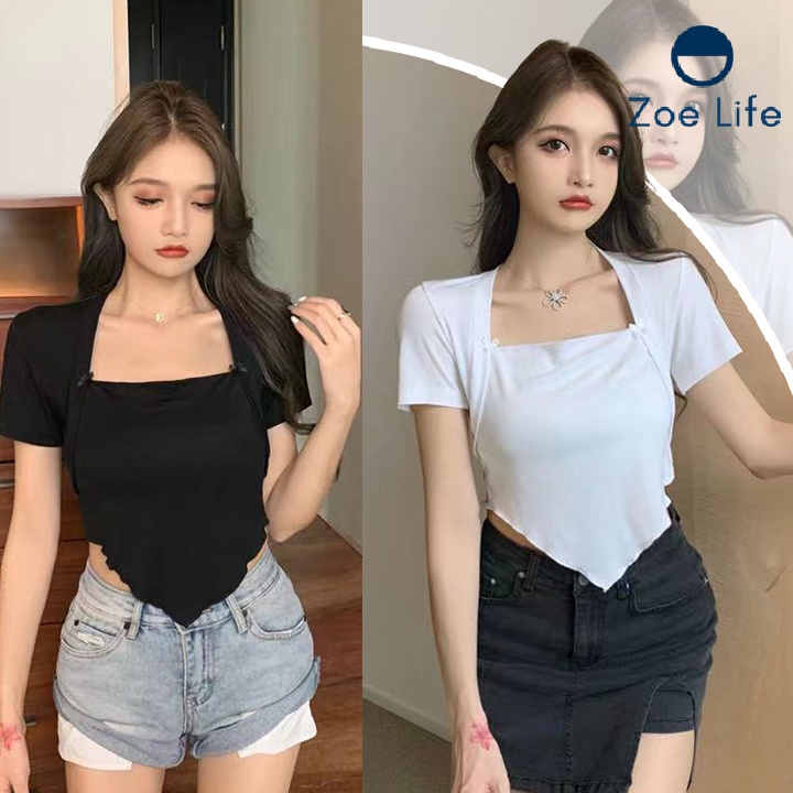 ร้านในไทย เสื้อครอปทรงสามเหลี่ยม แขนสั้น คอเหลี่ยม เอวลอยเซ็กซี่ เสื้อทรงสามเหลี่ยมสีพื้นๆ