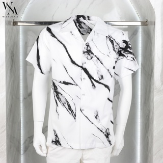 เสื้อเชิ้ตฮาวายแขนสั้น ผ้าไหมอิตาลี 100% (สีขาว) : Hawaii White Marble Shirt  (Short-sleeved)