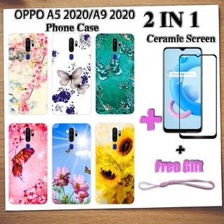 2 IN 1 OPPO A5 2020 A9 2020 เคสโทรศัพท์ พร้อมกระจกนิรภัยกันรอยหน้าจอเซรามิค ฟิล์มโค้ง ผีเสื้อ