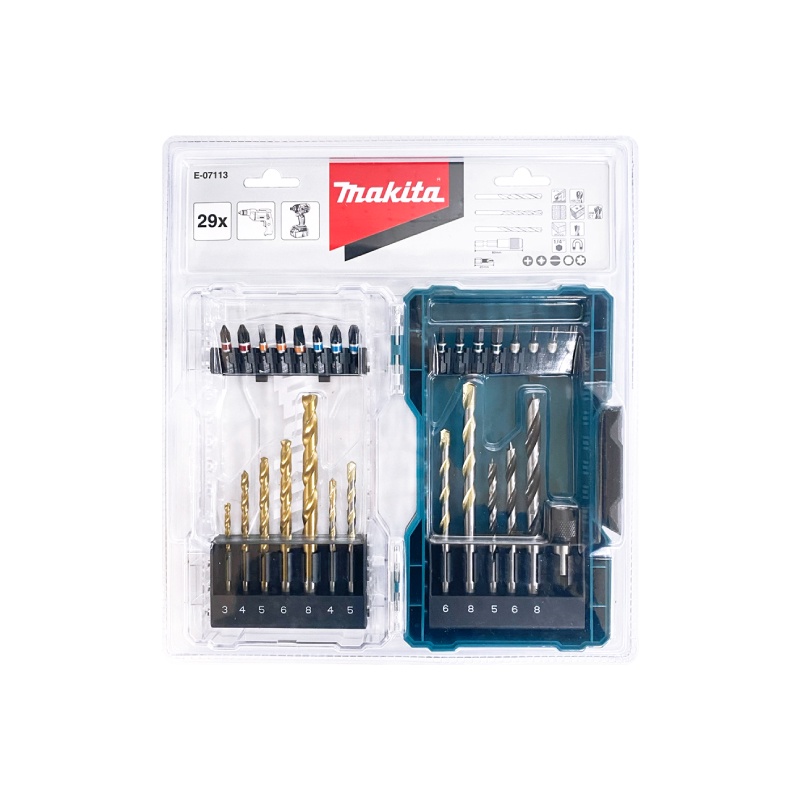 MAKITA E-07113 : ชุดดอกขันสกรู และดอกเจาะ 29 ชิ้น พร้อมเคสใส