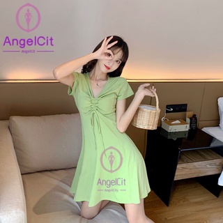 Angelcity※angelcity※ ชุดมินิเดรสแขนสั้น คอวี เอวสูง สไตล์เกาหลี สําหรับผู้หญิง