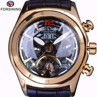 Forsining Convex Glass Stylish Legend Tourbillion Calendar 3D Designer Genuine Leather Mens Automatic Watches Top Brand