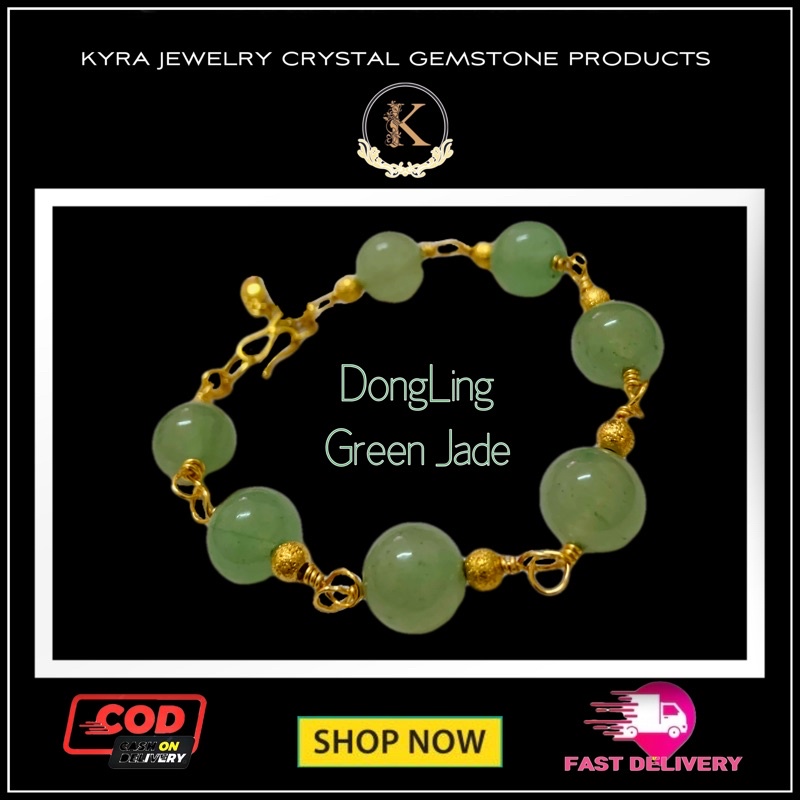 K&C 100% Natural Green DONGLING Jades Stone Suasa 585 Gold Filled Bracelet