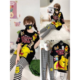 Set3pcs เสื้อยืด oversize สกรีนลายหน้าหลัง+กางเกง ขายาว เลกกิ้ง+mask