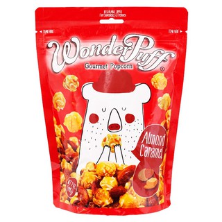 wonderpuff popcorn 198g.วันเดอร์พัพฟ์ ข้าวโพดอบกรอบฟรีเมี่ยม เคลือบคาราเมลผสมอัลมอนด์ 198กรัม.