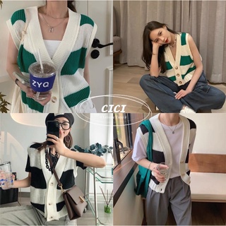 Cici(NO.Z2116)เสื้อไหมพรมแขนกุดหรือเป็นเสื้อกั๊ก กระดุมผ่ากลาง เนื้อผ้าทอสลับสี