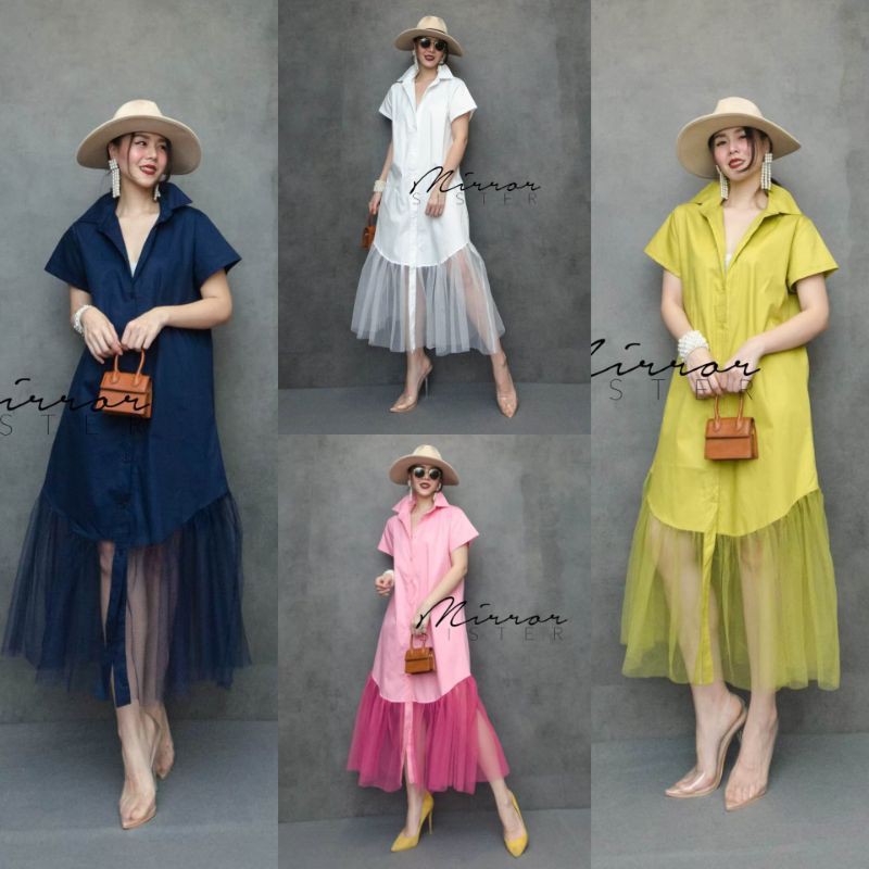 🏷️Mirrorsister #30916.1 เดรสเชิ้ตทรงเรียบง่าย เดรสแขนสั้น ฟรุ้งฟริ้ง ชุดไปเที่ยว ชุดไปงาน