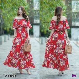 Maxi Dress เดรสยาว เปิดไหล่ใส่เป็นเกาะอกก็ได้ แขนระบาย ชายเดรสแต่งระบายรอบ ยางยืดเอวรอบ