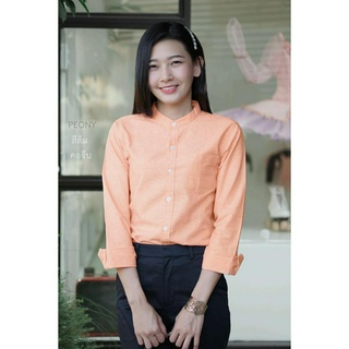 เสื้อเชิ้ตคอจีน แขนยาว สีส้ม ติดกระเป๋า