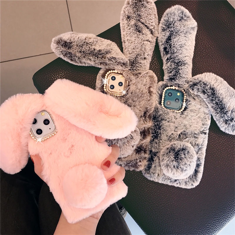 Plush Warmเคสโทรศัพท์สําหรับiPhone 11 XS Max XR X 3Dกระต่ายหูFurryปุยขนสําหรับiPhone 6 6S 7 8 Plusกรณี