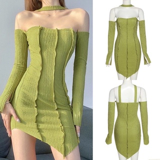 Charming Women One Piece Dress, Long Sleeve Off Shoulder Neck Hanger Solid Color Ribbed Dress for Summer