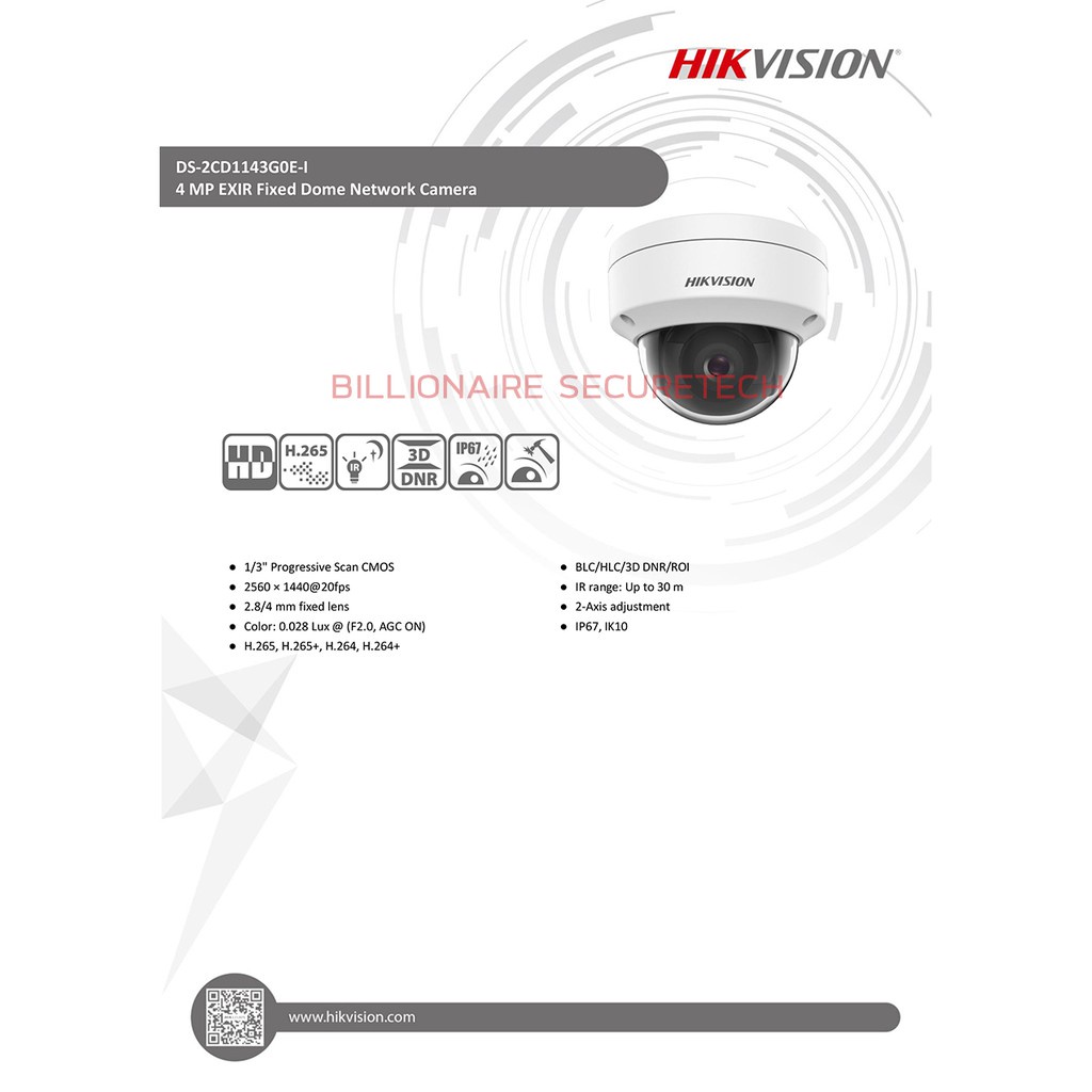 HIKVISION IP CAMERA 4 MP DS-2CD1143G0E-I (2.8 mm) POE, IR 30 M., IK10 BY BILLIONAIRE SECURETECH