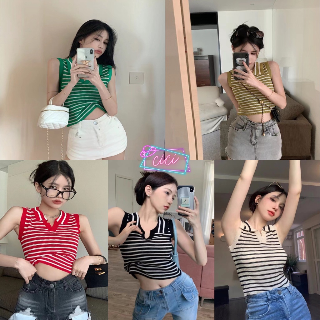 Cici(NO.2659)เสื้อไหมพรมแขนกุด ลายทางคอปกเพิ่มความเว้าอก ผ้าใส่สบาย สไตล์เกาหลีน่ารักคิ้วๆ