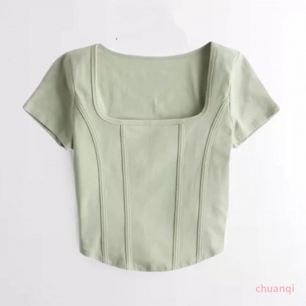 Hollister Small Seagull Fishbone Slim-Fit Crop-Top ผู้หญิงฤดูร้อนสแควร์คอปกแขนสั้นเสื้อยืดด้านบน