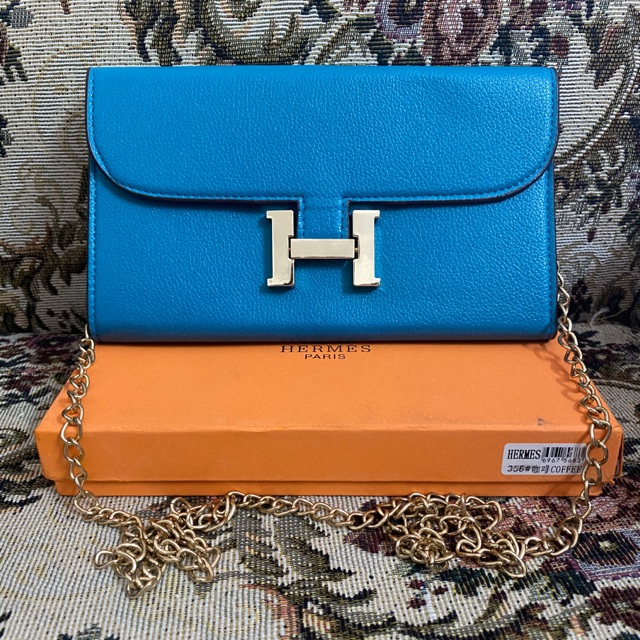 Sale กระเป๋าสตางค์ Hermes (พร้อมกล่อง) สีฟ้า อะไหล่ทอง