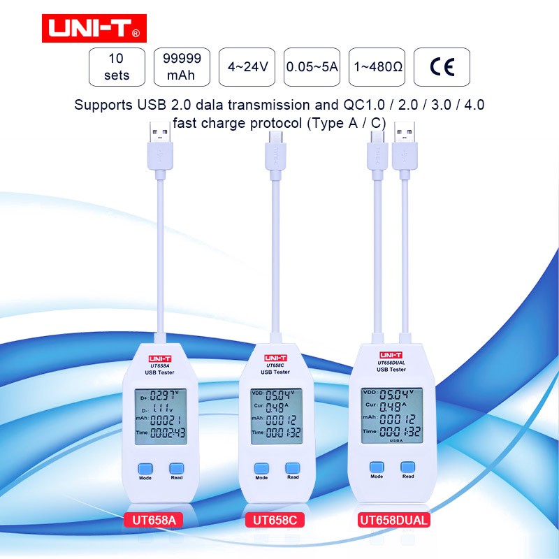 Uni-t UT658A/UT658C/UT658DUAL series USB Power Meter and Tester Digital Meter for Voltage/Current/ Capacity/Energy/Resistance