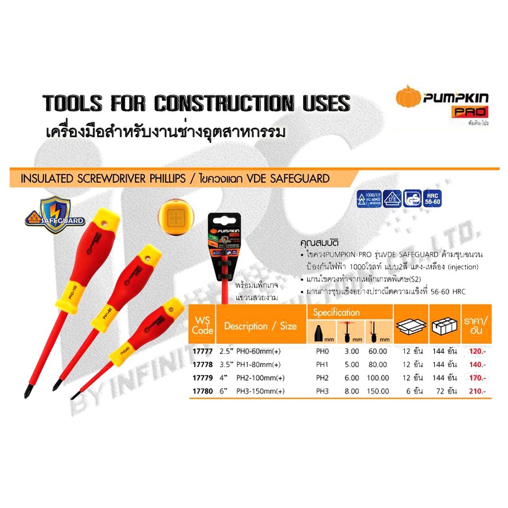 ไขควงแฉก PUMPKIN PRO VDE 3.5"PH1-80mm.(17778)  4"PH2-100mm.(17779)  6"PH3-150mm.(17780.