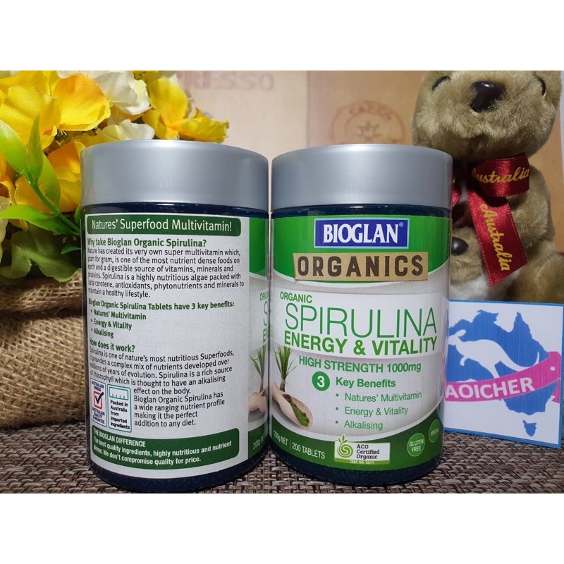Bioglan Organic Spirulina 1000 mg สาหร่ายสไปรูลิน่า สาหร่ายเกลียวทอง จำนวน 200 เม็ด