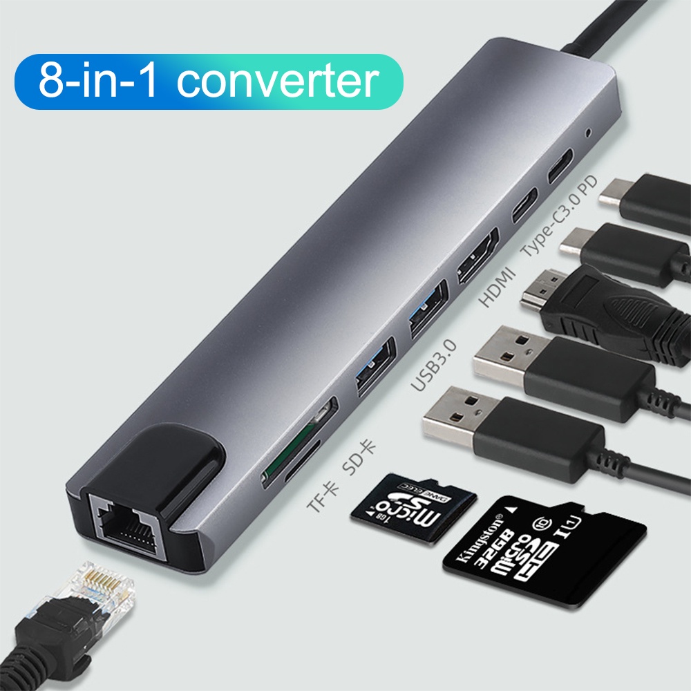 8 in 1 อะแดปเตอร์แปลง Type-C เป็น HDMI TF SD USB-C 3.0 PD อเนกประสงค์ สําหรับ MacBook Air Pro 13 15 16 2020 2019 2018 MacBook