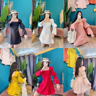 ชุดเดรส มินิเดรส Mini Dressปาดไหล่เว้าหลังแต่งชั้นแขนพองรุ่นญาญ่า มินิเดรสญาญ่า เดรสเที่ยวทะเล