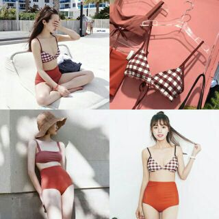 [พร้อมส่ง] Bikini set 3 ชิ้น กางเกงเอวสูงสีส้มอิฐ บราสีพื้น บราลายสก๊อต