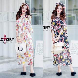 Foctory Maxi Dress พิมลายแขนสามส่วน พิมลายมาพร้อมโบว์ผูก ทรงสวยงานใส่สบาย สวยรับประกัน ผ้าหนา ซับทั้ง เสื้อผ้าแฟชั่นผู้ห