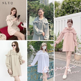 ขาว/ครีม/น้ำตาล/ชมพู/เขียว SLYQ MADE 🎂 PROVENCE RUFFLE LINEN DRESS เดรสคอระบายผูกโบว์แขนยาว