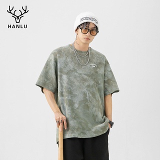 HANLU เสื้อยืดผู้ชาย เทรนด์เกาหลี แขนสั้น แฟชั่น พิมพ์ลายคอกลม สินค้าขายดี แขนสั้น