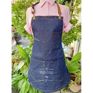 พร้อมส่ง,,🎉ผ้ากันเปื้อนยีนส์กระเป๋าต่อ สายหนัง