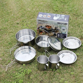 (yunhw) Camping Cooking Set ชุดหม้อสนาม หม้อแคมป์ปิ้ง 3-4 คน ชุดหม้อพกพา เซ็ต 8 ชิ้น หม้อแคมป์ปิ้งสแตนเลส