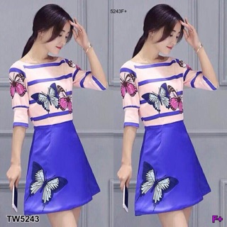 TwinsShopVip💗พร้อมส่ง TW5243 Dress เดรสแขนยาวลายผีเสื้อ