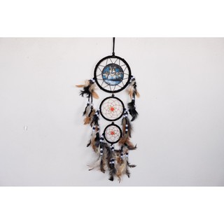 Dream Catcher ตาข่ายดักฝัน สีดำ ลาย หมาป่า แบบ 3 ห่วง ตรง งาน Paint Handmade